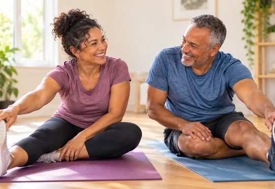 A couple enjoying a light stretching session on exercise mats at home.