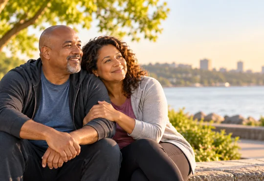 A couple enjoying a quiet moment together at a waterfront park.
