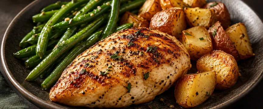 Plate with grilled chicken, green beans, and roasted potatoes