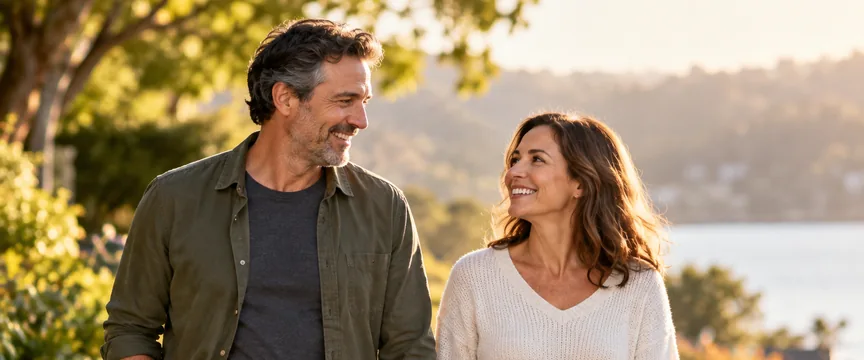Middle-aged couple enjoying a comfortable walk outdoors